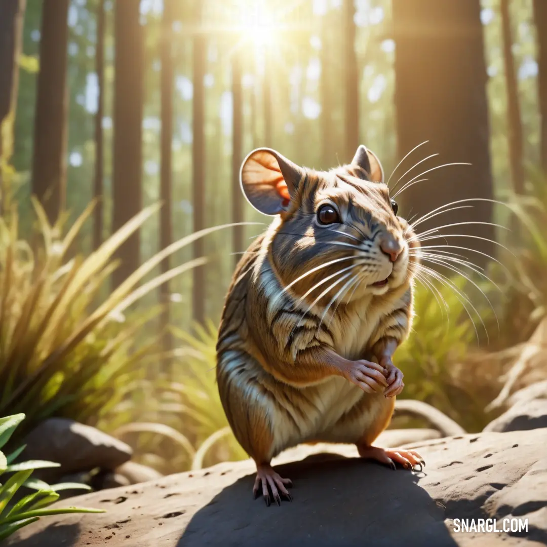 Mouse on a rock in the woods with the sun shining through the trees behind it and grass and rocks