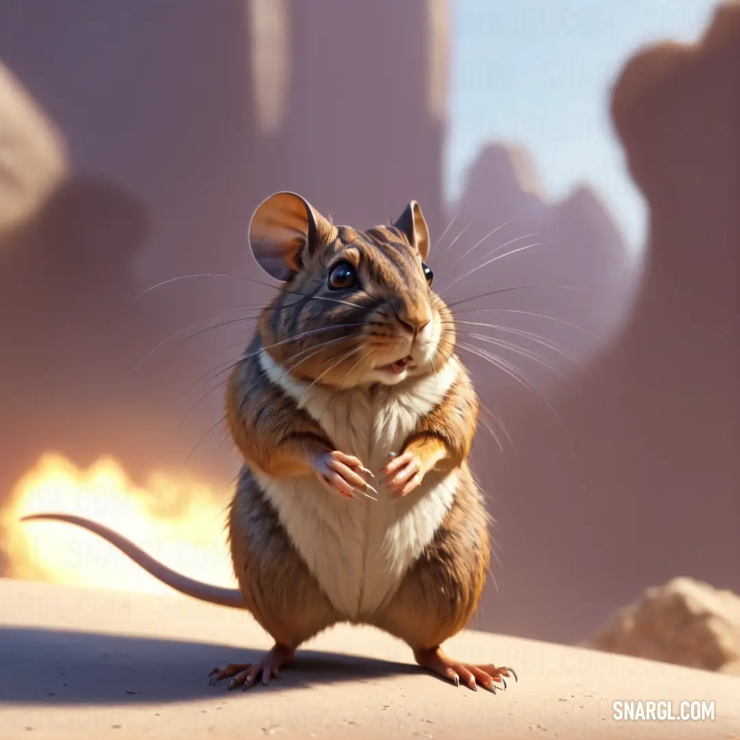 Mouse standing on its hind legs in front of a desert landscape with rocks and a rock formation in the background