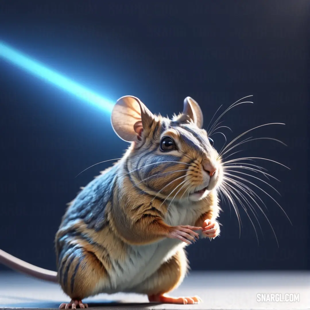 Mouse with a long tail and a light shining on it's face