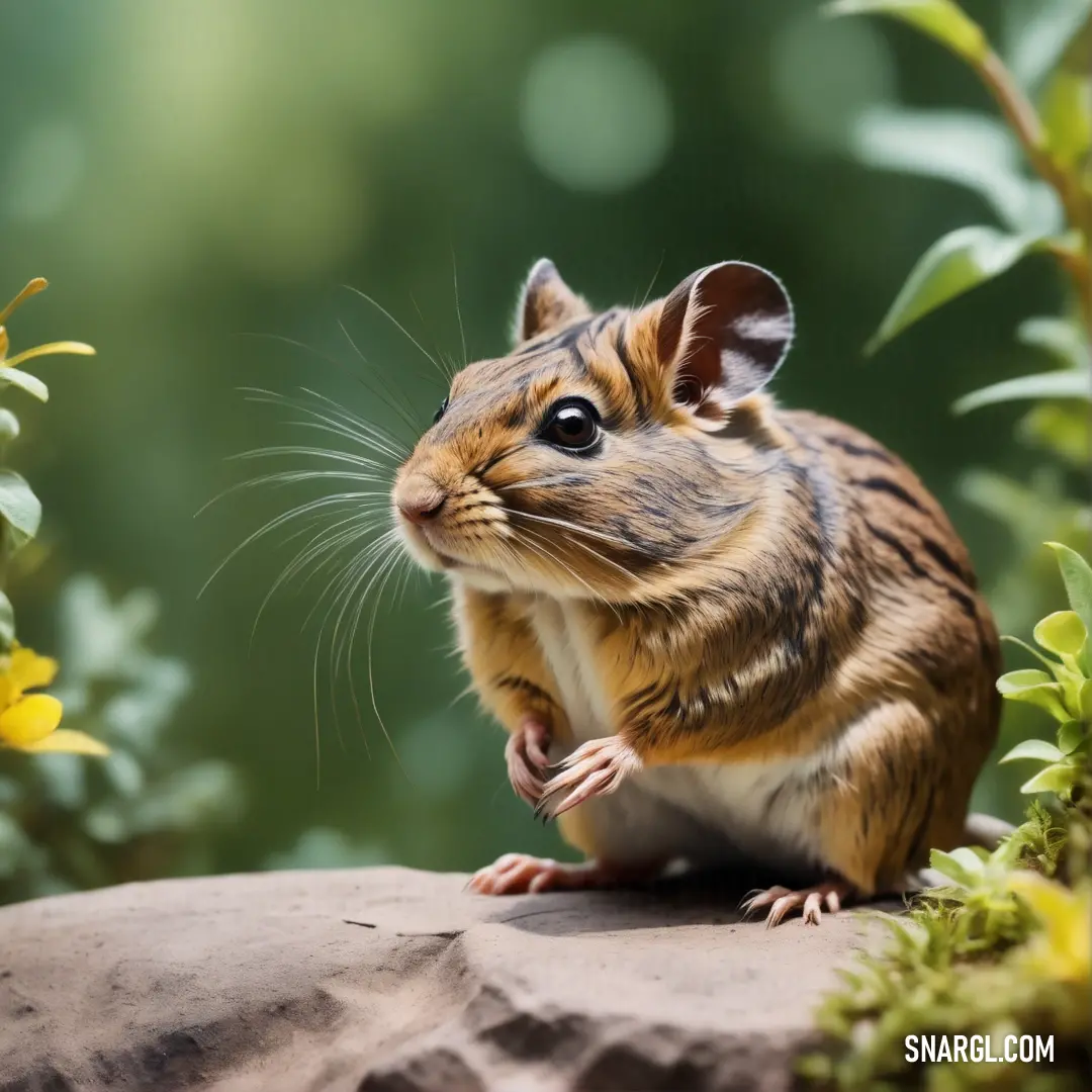 Small rodent on top of a rock next to flowers and plants in a forest area with a blurry background
