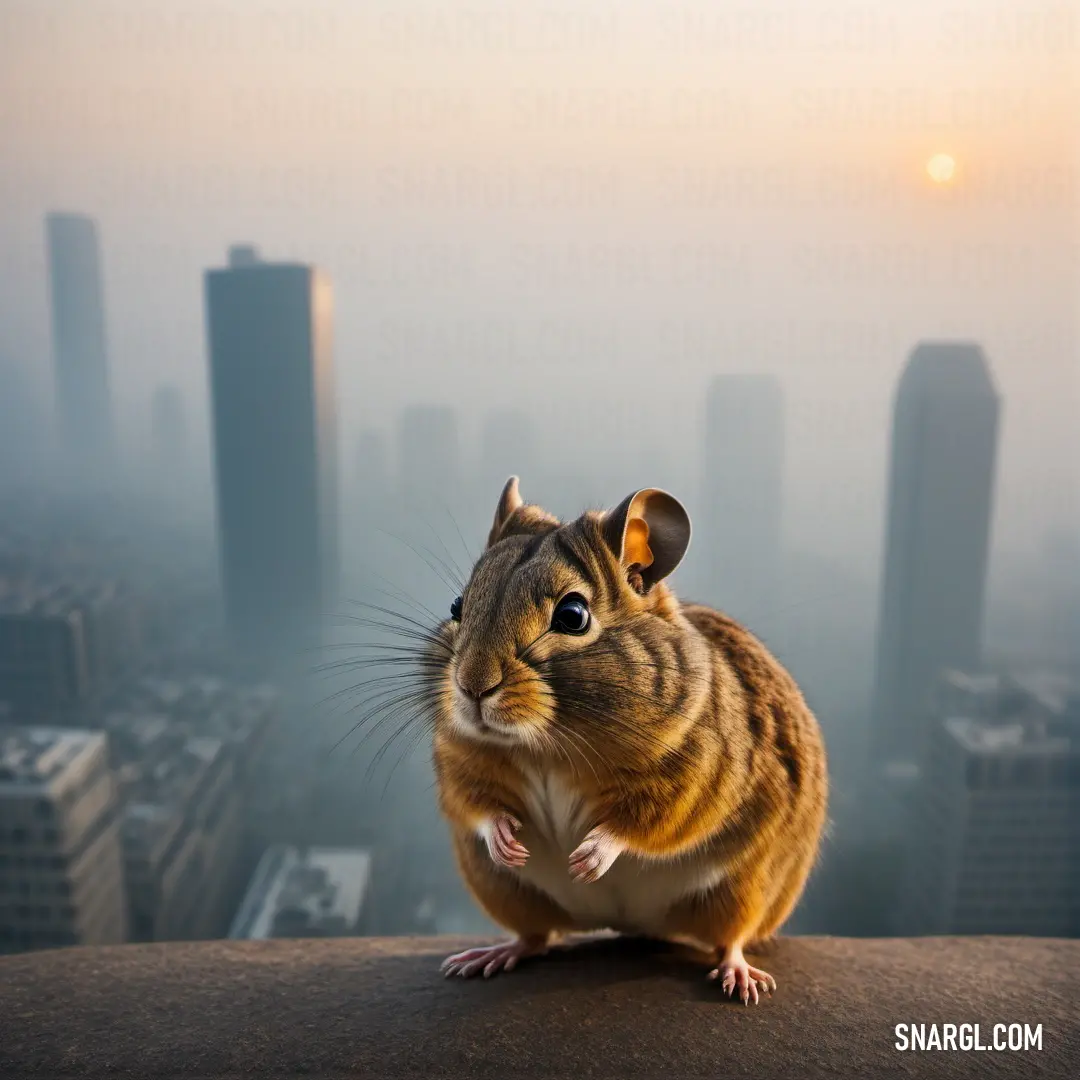 Small rodent standing on top of a building in a city with tall buildings in the background