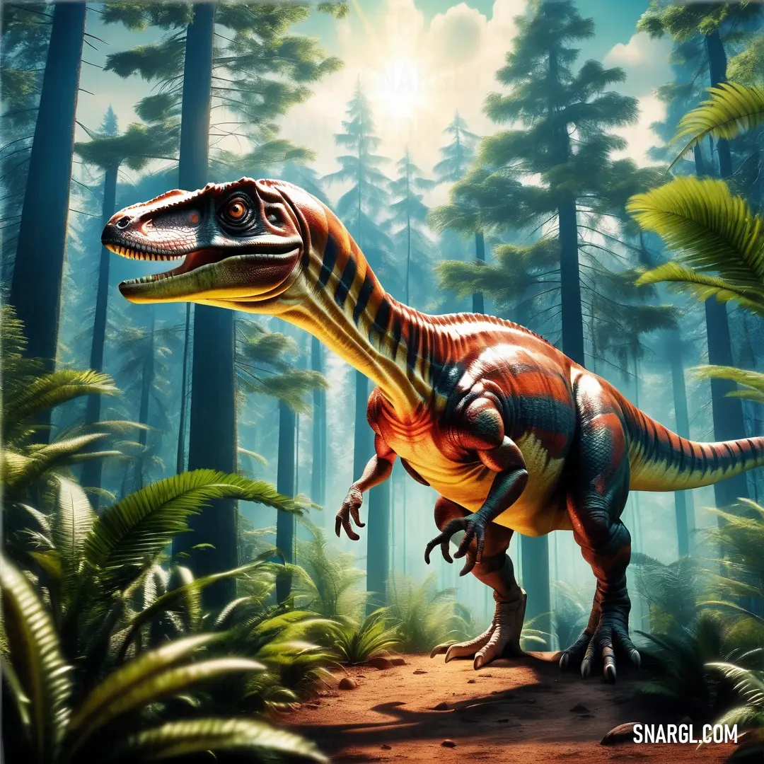 Deinonychosaurus in a forest with trees and plants in the background