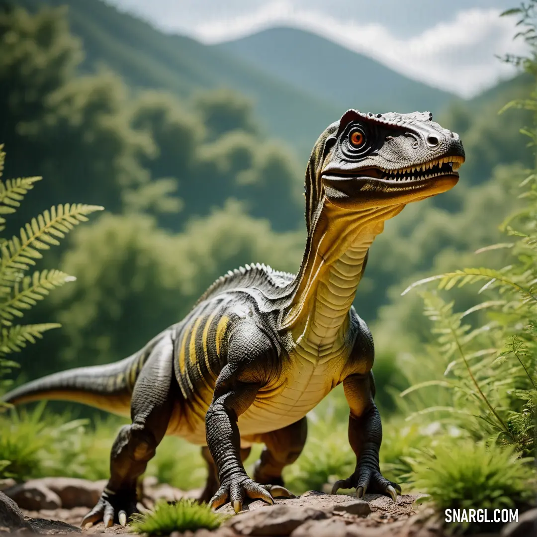Toy Deinonychosaurus in a field of grass and rocks with mountains in the background