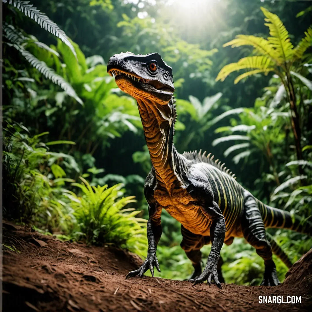 Toy Deinonychosaurus in the middle of a jungle setting with ferns and trees in the background