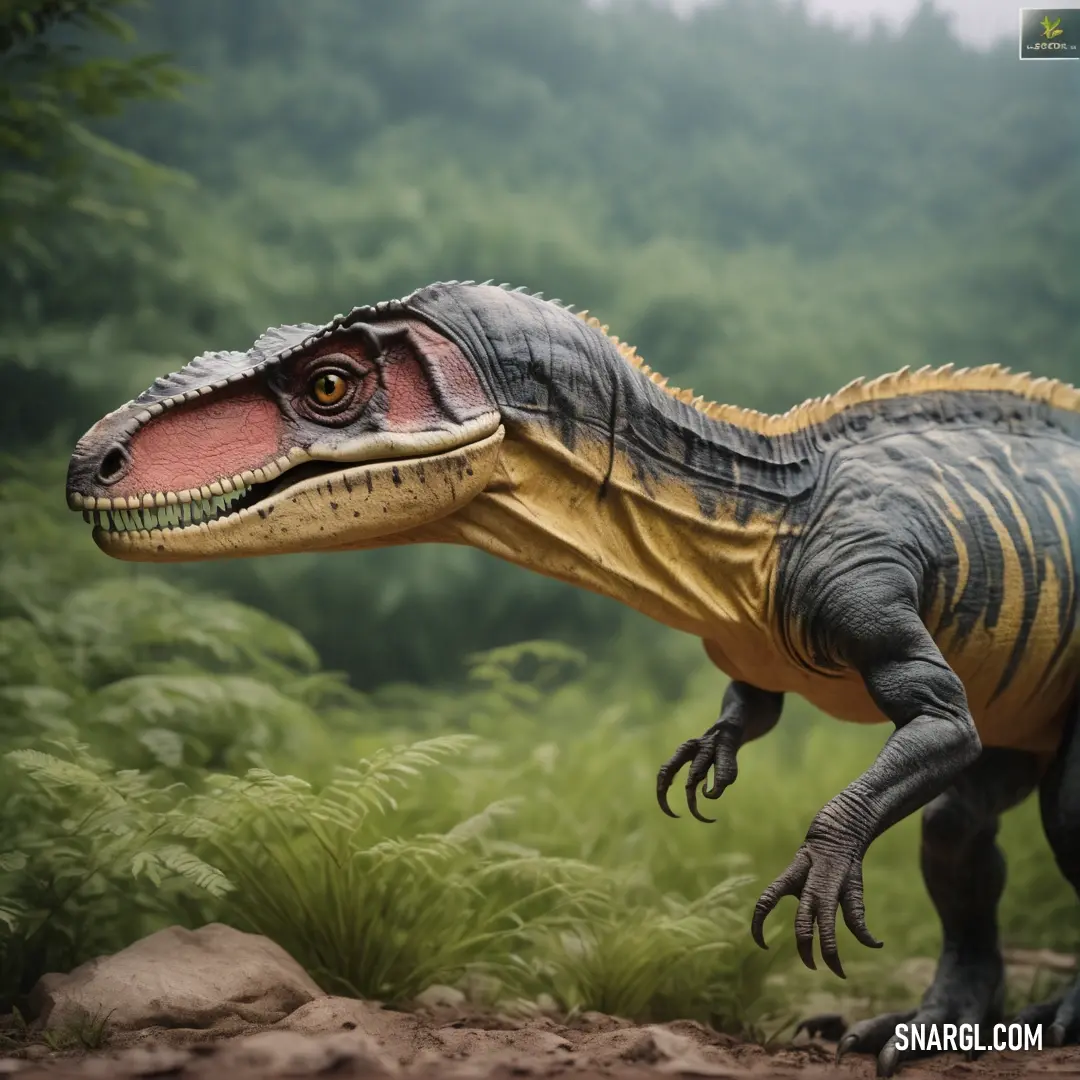 Toy Deinonychosaurus with a red tongue and mouth is standing in a field of grass and trees in the background