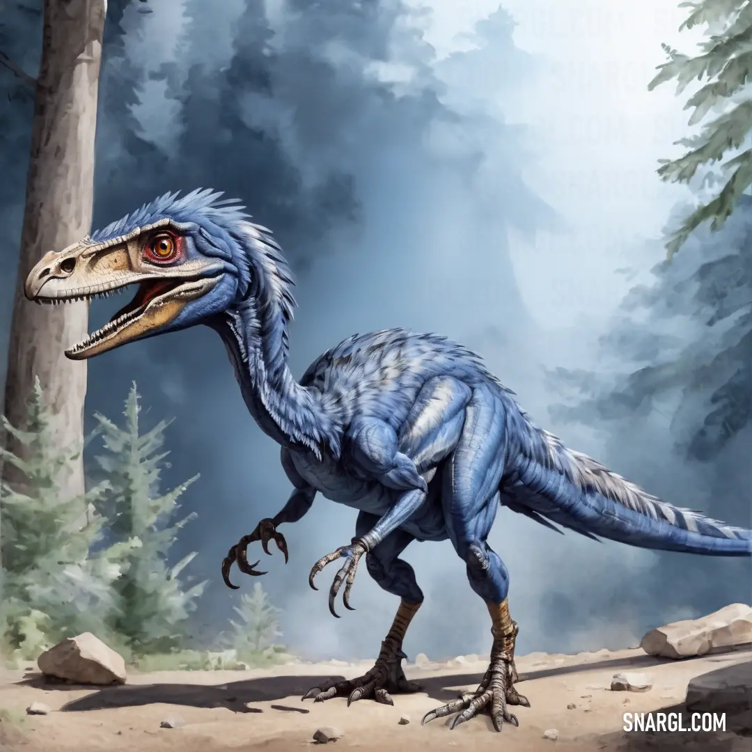 Blue Deinonychus with a long neck and sharp teeth standing in a forest area with trees and rocks
