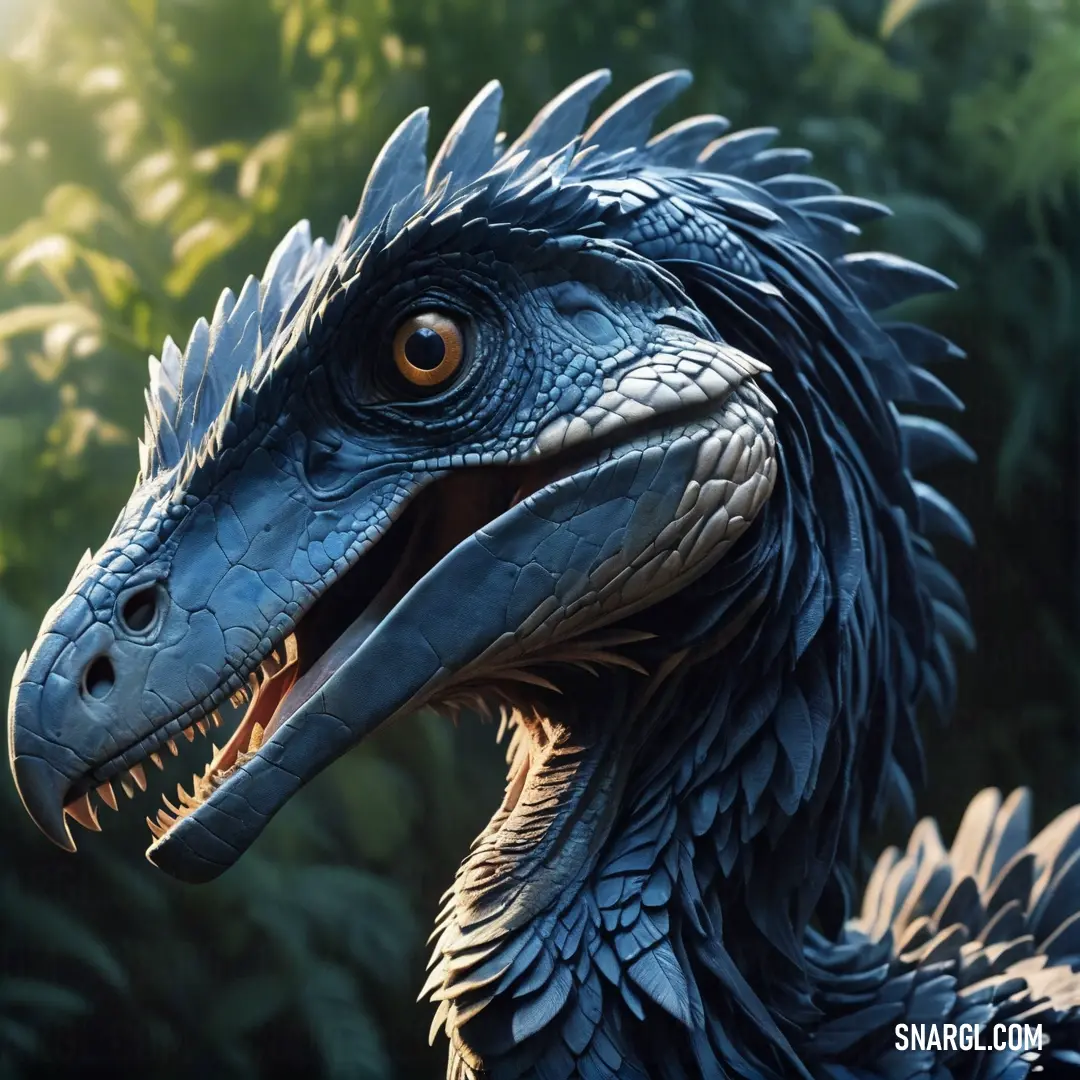 Close up of a Deinonychus with a large beak and large wings with a tree in the background