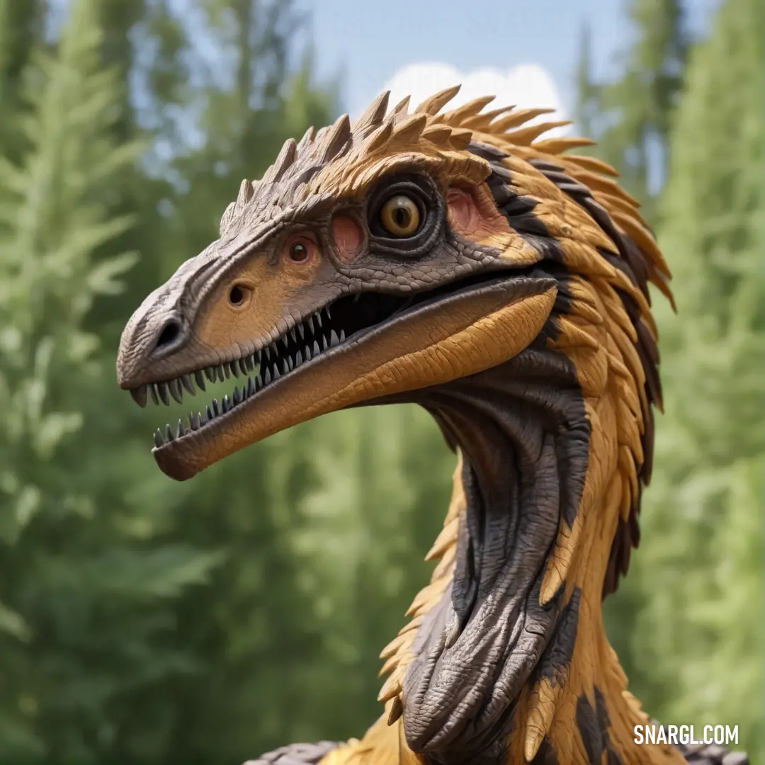 Close up of a fake Deinonychus head with trees in the background