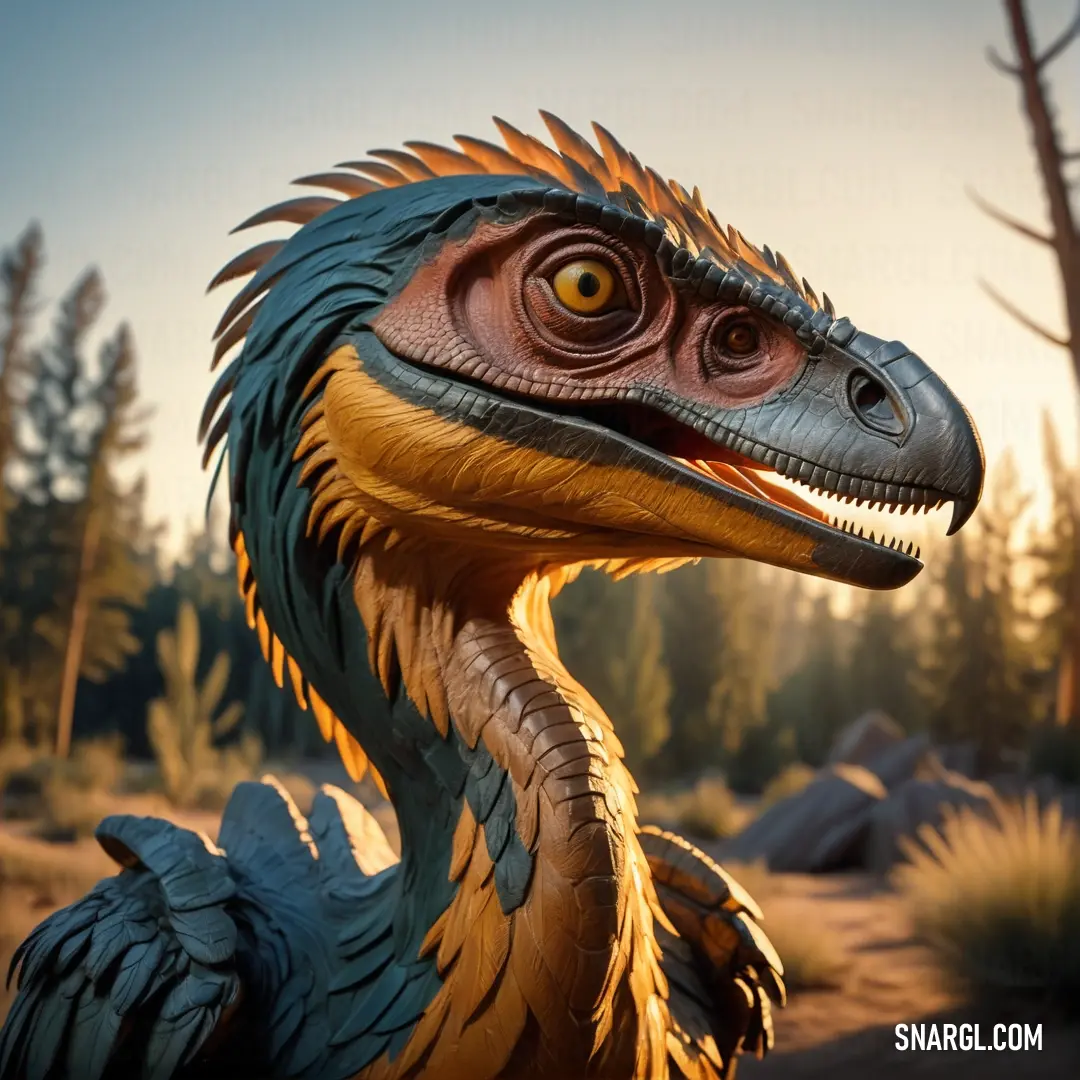 Close up of a fake Deinonychus in a field with trees in the background