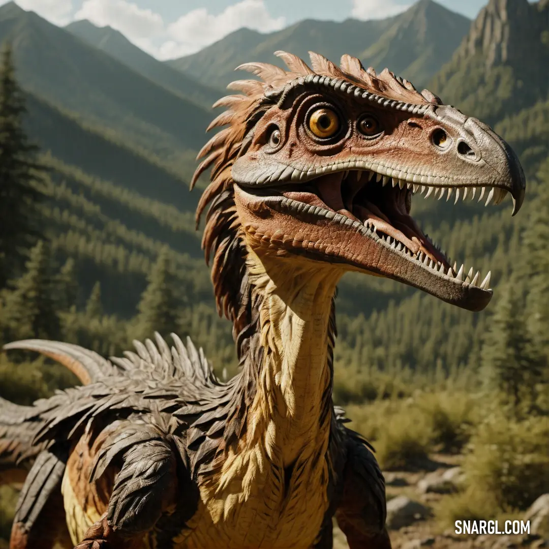 Close up of a toy Deinonychus in a field with mountains in the background