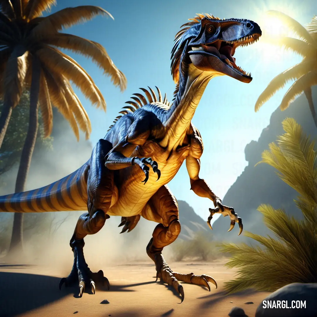 Deinonychus in a desert scene with palm trees and a blue sky in the background