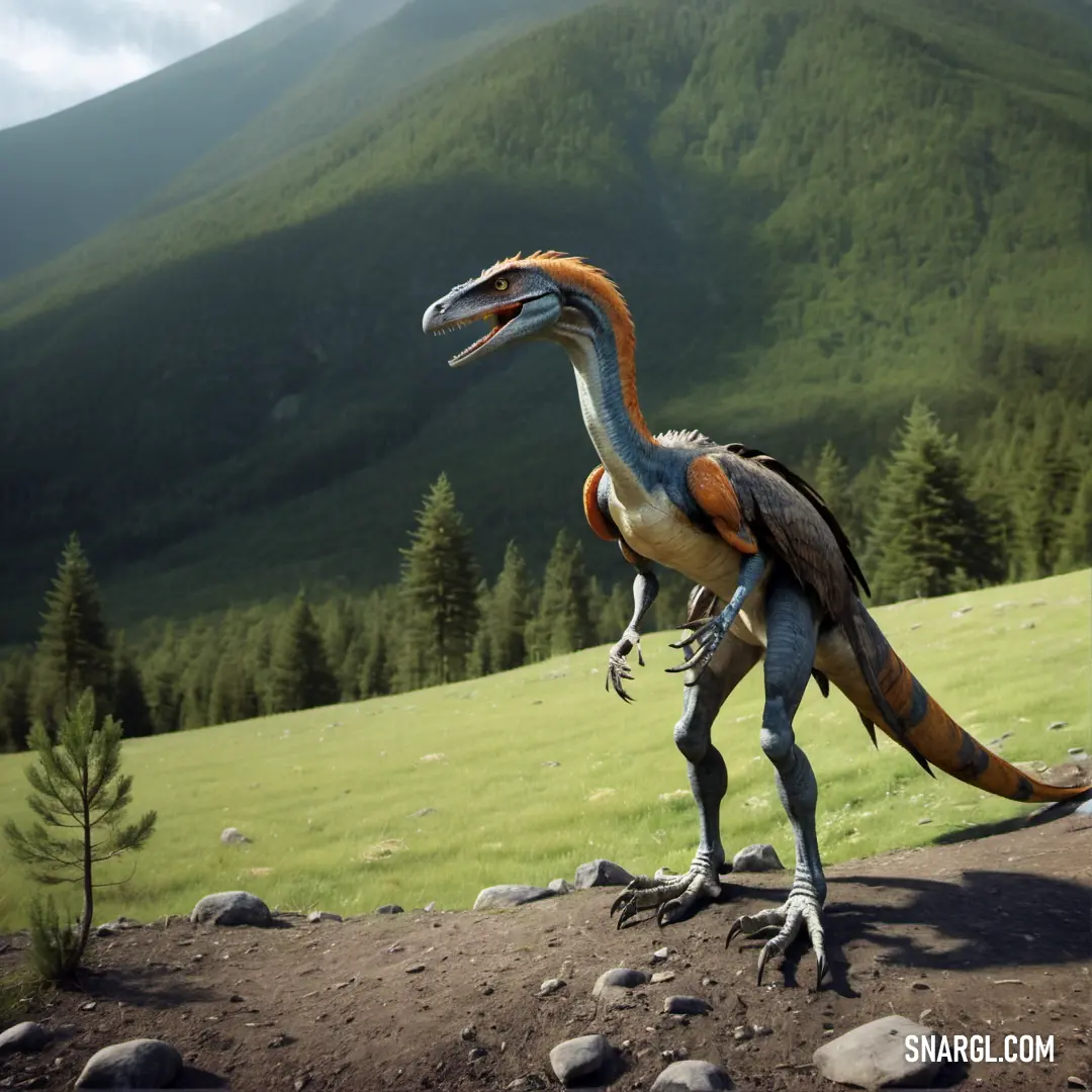 Deinonychus is walking on a dirt path in a field with mountains in the background