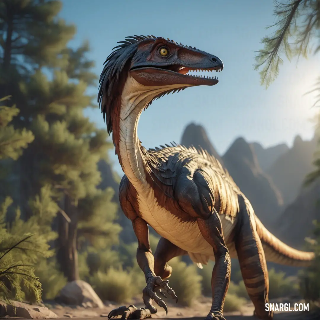 Deinonychus is walking in the middle of a forest with trees and rocks in the background