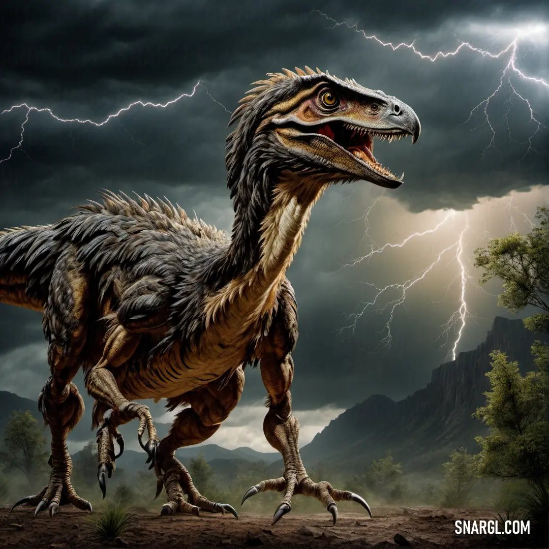 Deinonychus with a lightning in the background