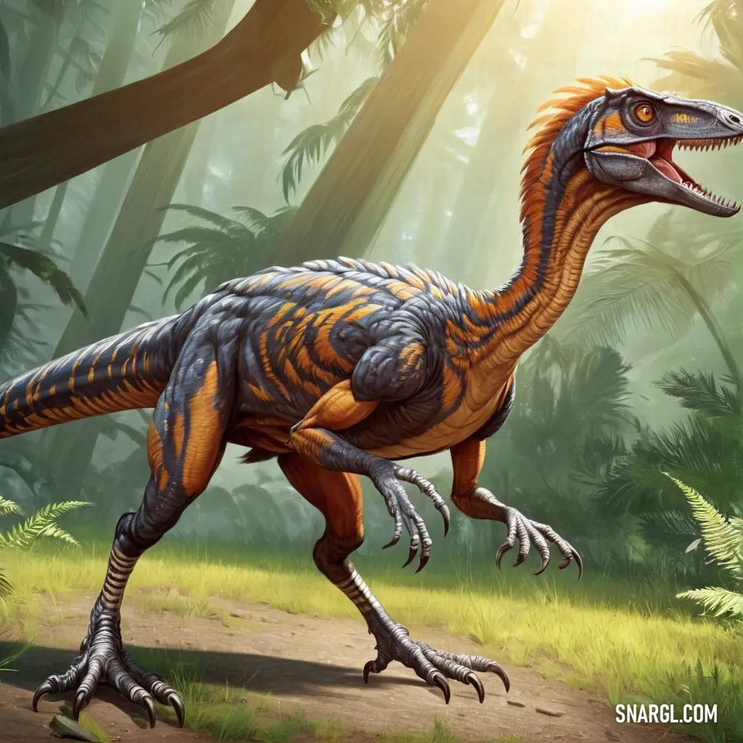 Deinonychus with a long neck and sharp teeth in a jungle setting with trees and grass and sunlight shining through the trees