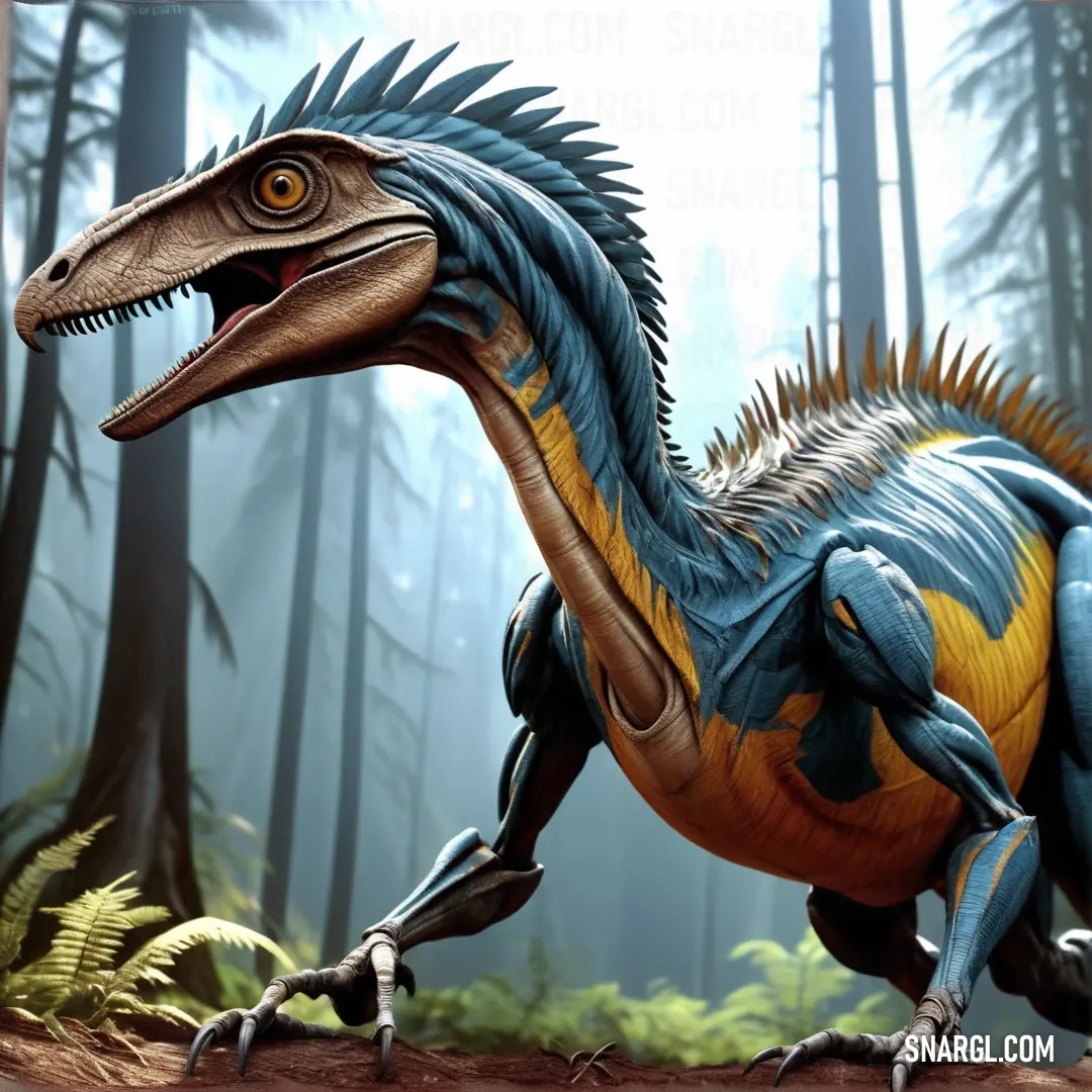 Deinonychus with a long neck and sharp teeth in a forest setting with trees and bushes in the background