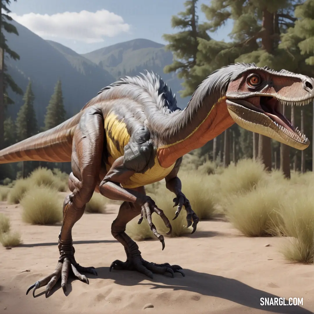 Deinonychus with a yellow shirt and black pants is in the desert with trees and bushes in the background