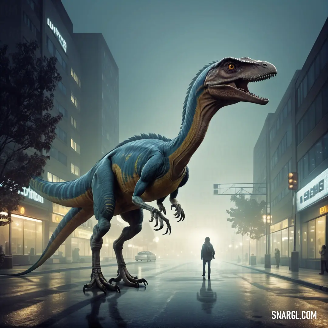 Man standing next to a Deinonychus in a city street at night with a person walking by it in the background