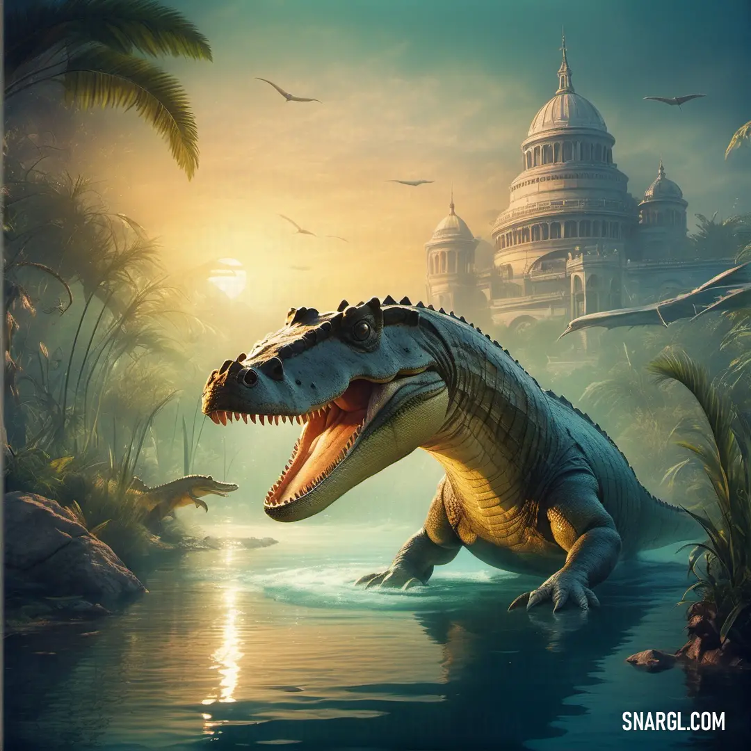 Deinosuchus is standing in the water near a building and trees with birds flying around it and a castle in the background