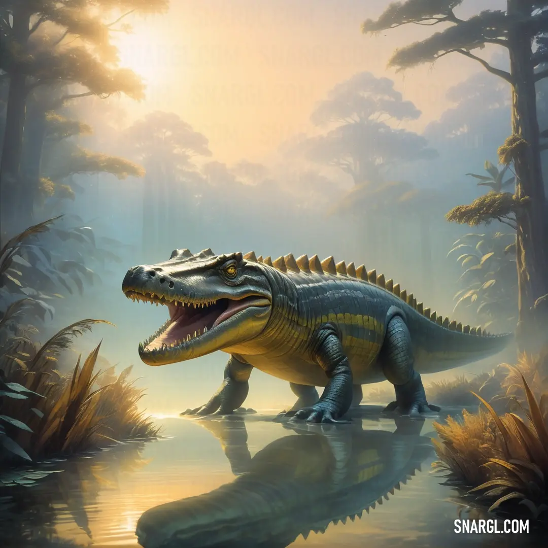 Deinosuchus is walking through a swampy area with trees and plants in the background