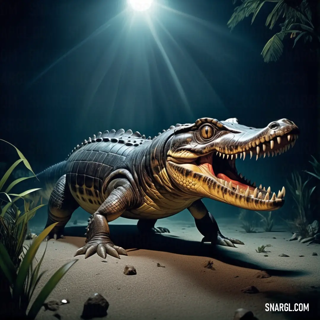 Fake alligator is shown in a dark room with a light shining on it's head and mouth