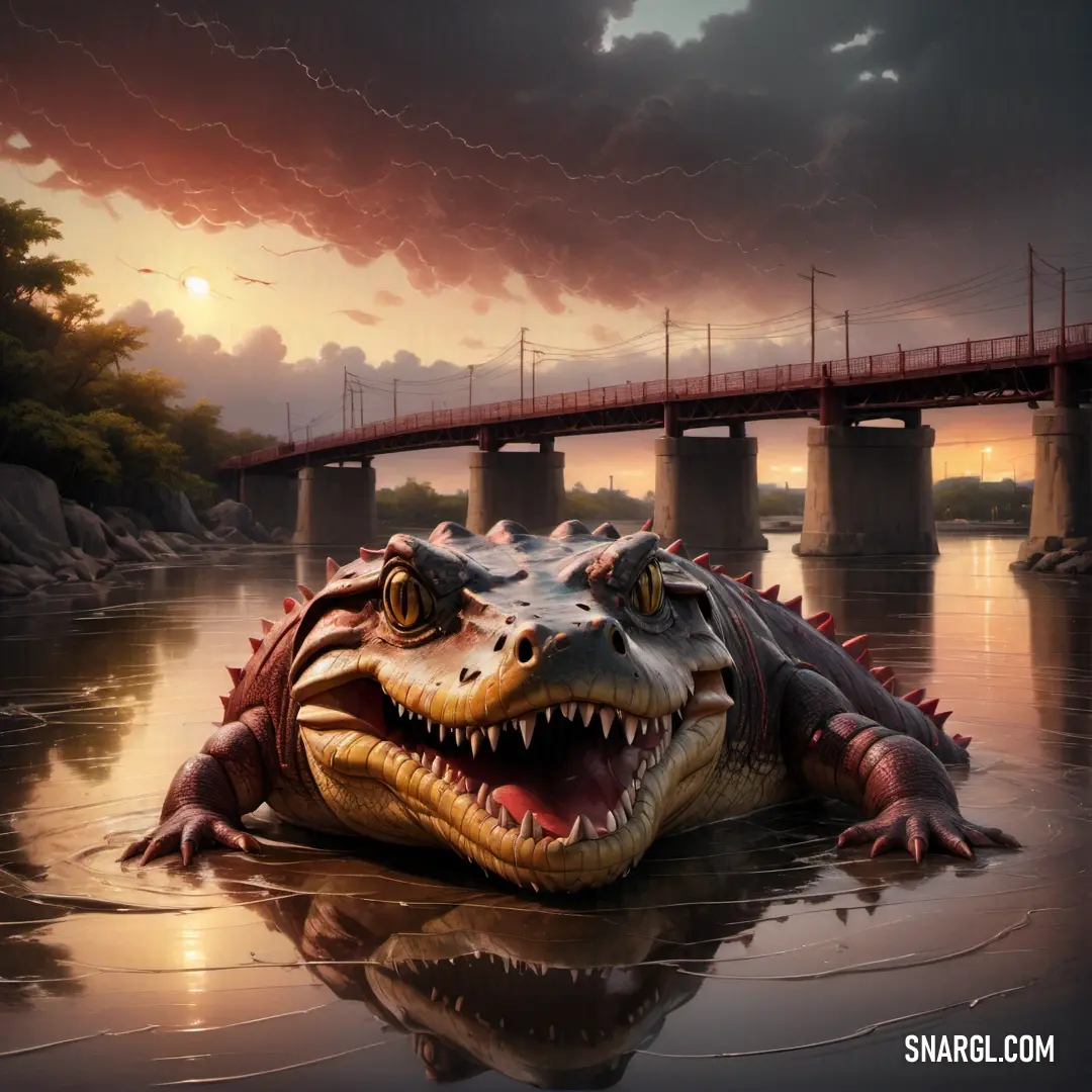 Large alligator is floating in the water near a bridge and a river with a bridge in the background