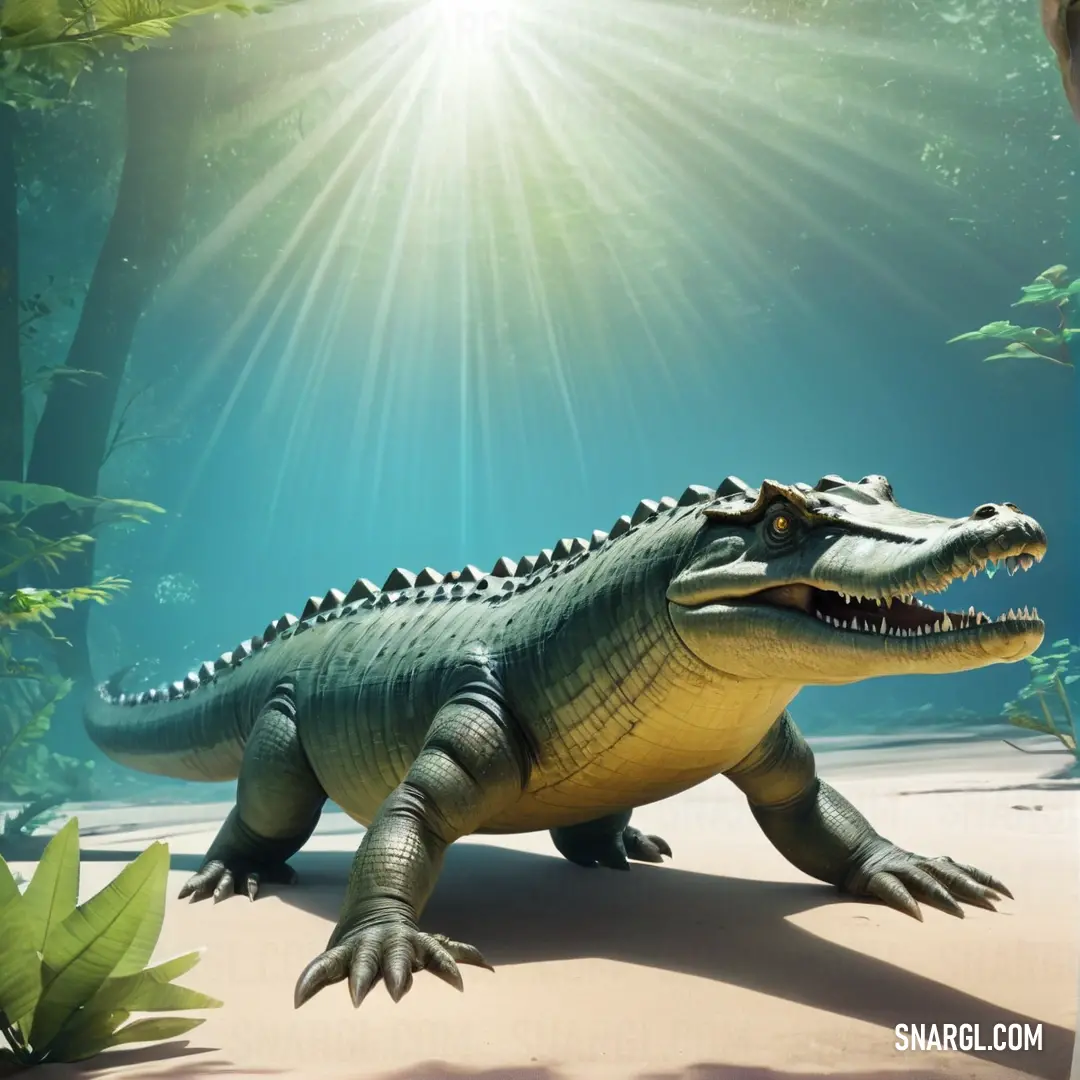 Large alligator is standing in the sand with a sunbeam in the background