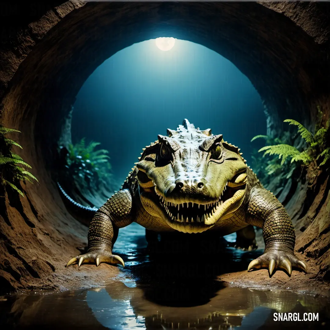 Large alligator is standing in a tunnel with its mouth open and its eyes closed and it's head slightly open