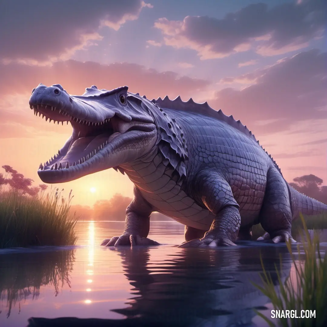 Large alligator is standing in the water at sunset or dawn