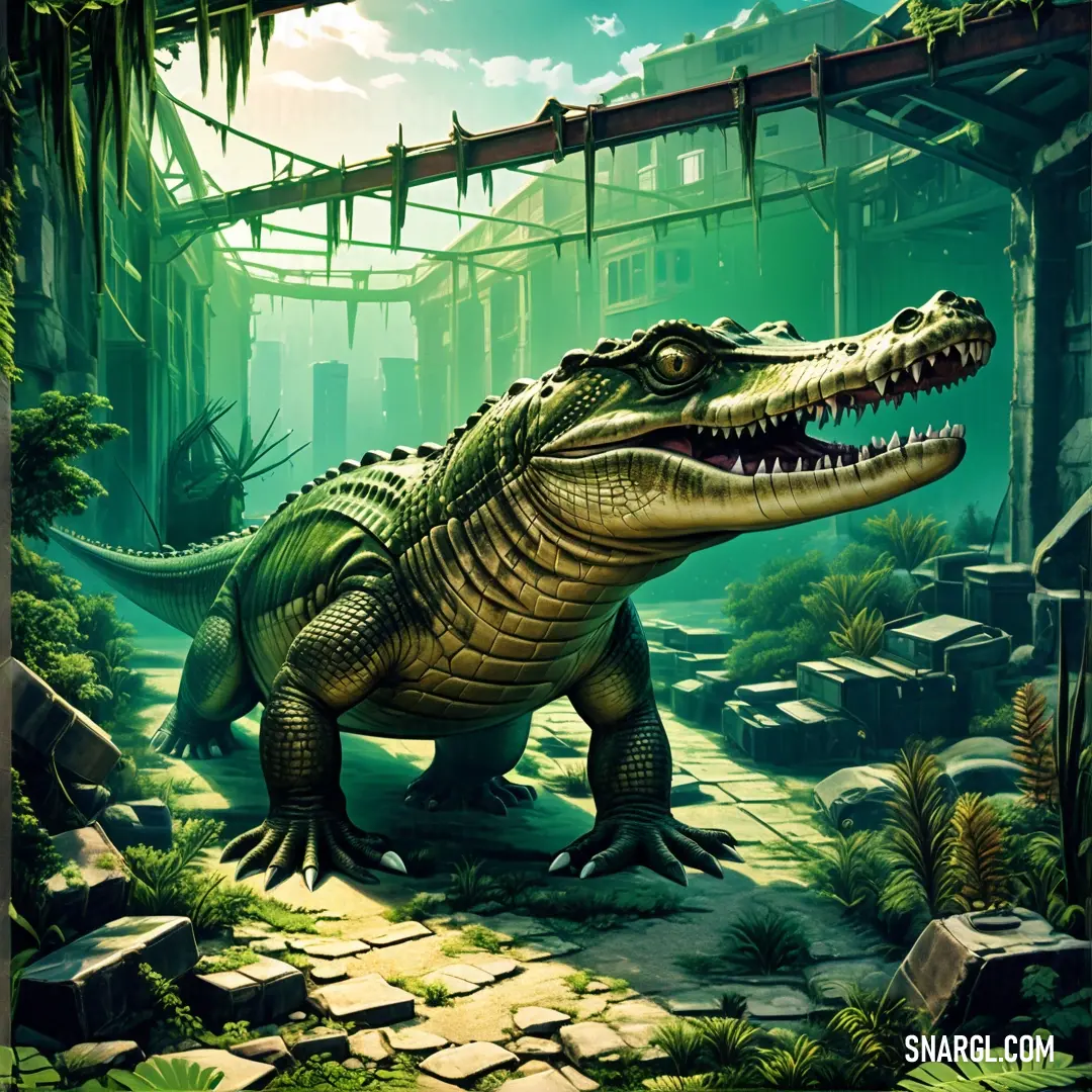 Large alligator is standing in a jungle setting with a bridge in the background