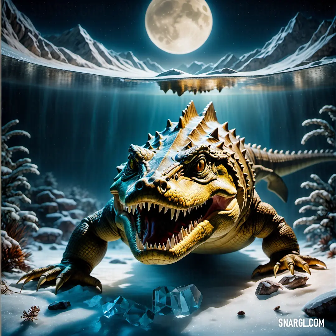 Large Deinosuchus in the water with a full moon in the background