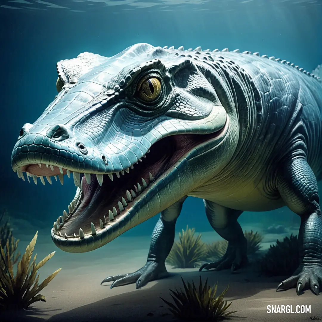 Large Deinosuchus with its mouth open and teeth wide open in the water