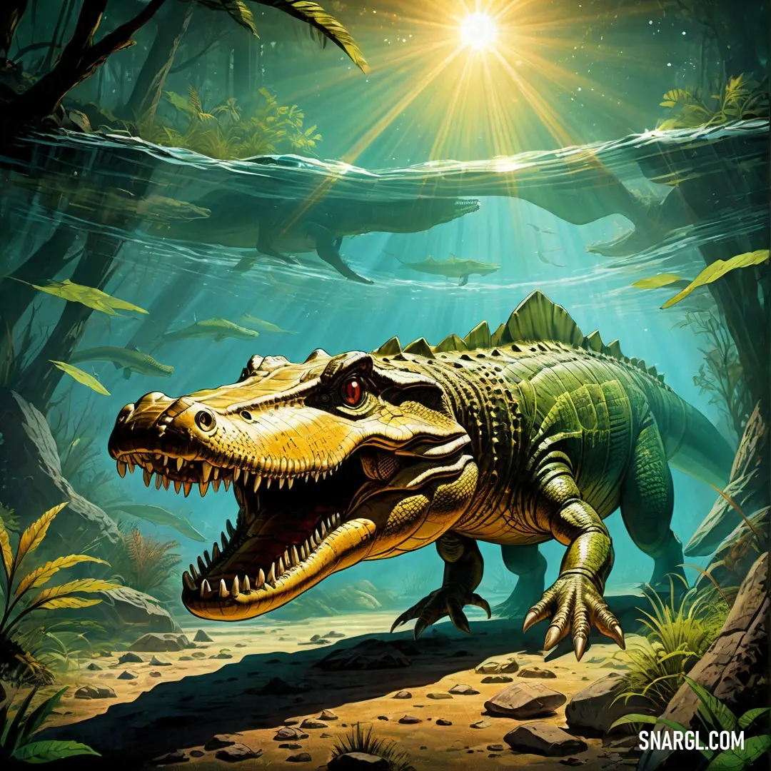 Painting of a Deinosuchus in a deep blue sea with sunlight shining through the water and plants and rocks