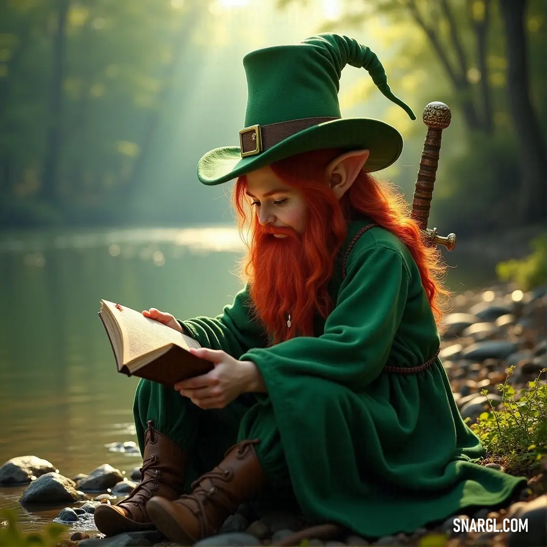 A red-headed character, with a long beard, reads thoughtfully by the water in a peaceful, nature-filled setting. A red-headed figure, deep in thought, reads a book by the serene waterside. With a long, flowing red beard and a green outfit, they appear calm and introspective, fully immersed in their knowledge and the tranquility of their surroundings.