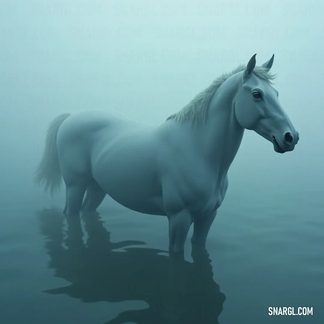 White Delwyn standing thoughtfully in foggy waters, enveloped in gentle mists. The elegant white Delwyn stands gracefully in foggy waters, her head turned thoughtfully to the side, exuding tranquility and poise amid the gentle mists that envelop the landscape.