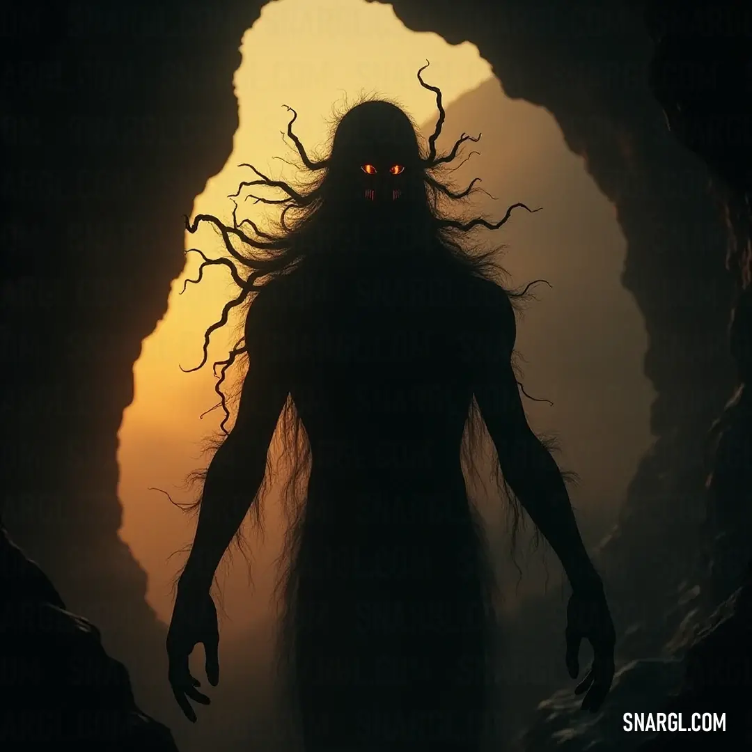 A mysterious figure resembling a Dementor, shrouded in shadows with hauntingly glowing eyes, stands in a cave illuminated by a captivating sunset or dawn, its long flowing hair blending with the eerie atmosphere.
