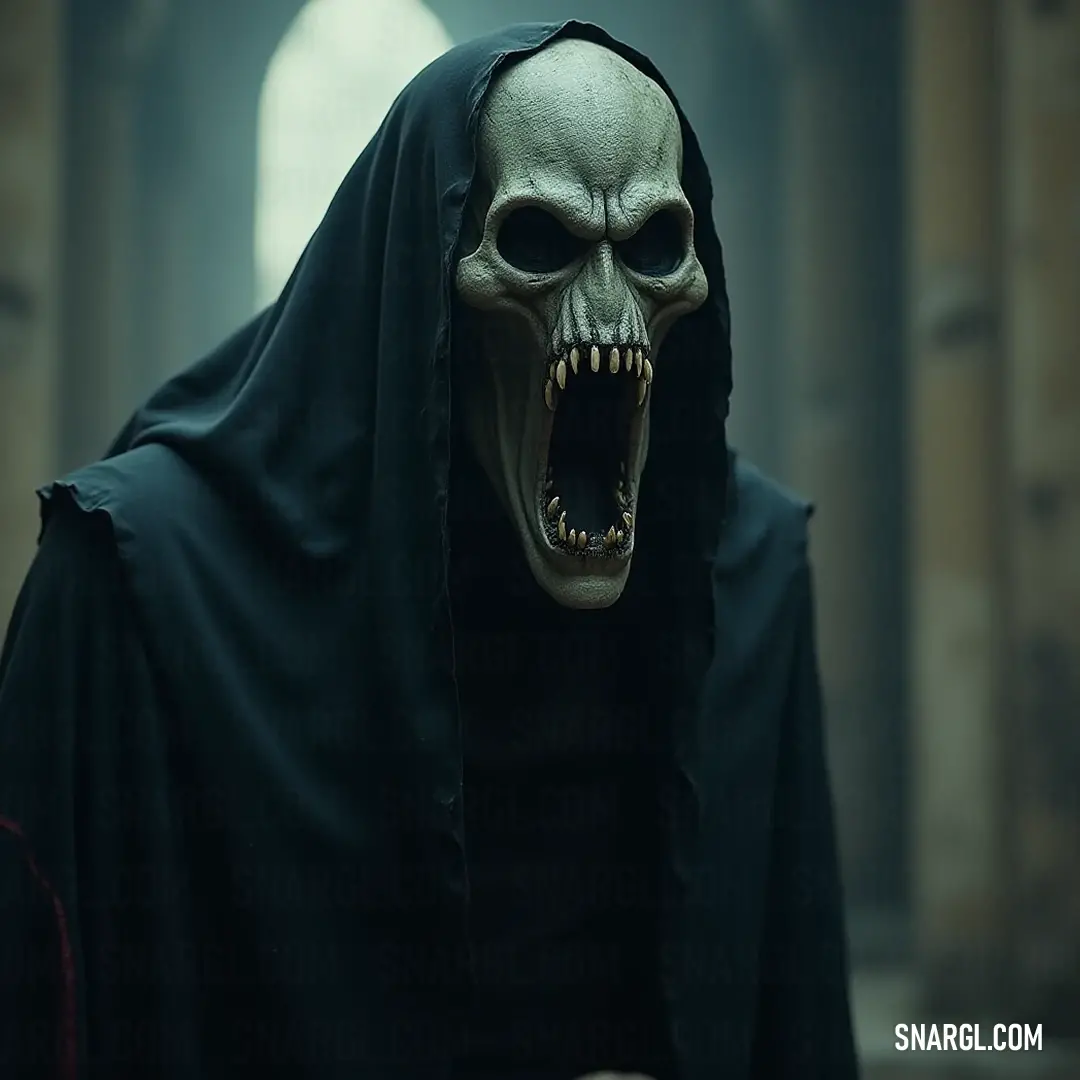 An eerie specter draped in a black cloak, revealing a gaping mouth with jagged teeth, captured in a sinister twilight setting lit by a gothic window. A haunting figure cloaked in shadows looms within a dimly lit room, its ghastly black attire blending with the darkness. A wide, menacing mouth adorned with sharp teeth glares ominously through a gothic window, sending chills through any onlooker.