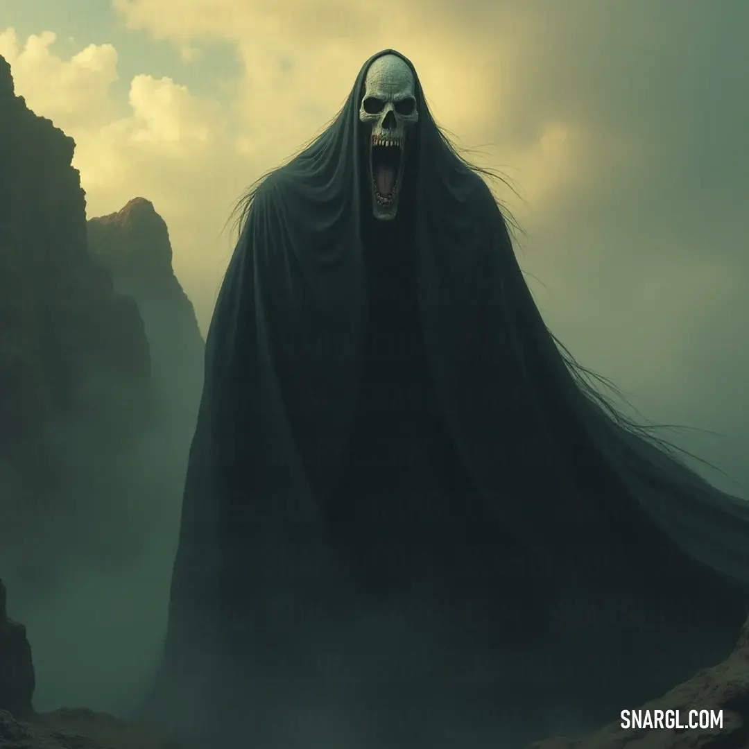 A menacing apparition cloaked in tattered black attire stands defiantly against a dramatic mountain landscape, its colossal mouth open wide in a howl of despair. A grim figure clad in a flowing black cloak strikes a formidable pose against a rugged mountain backdrop. Its enormous mouth gapes in a fearsome snarl, evoking both dread and awe as storm clouds gather ominously overhead.