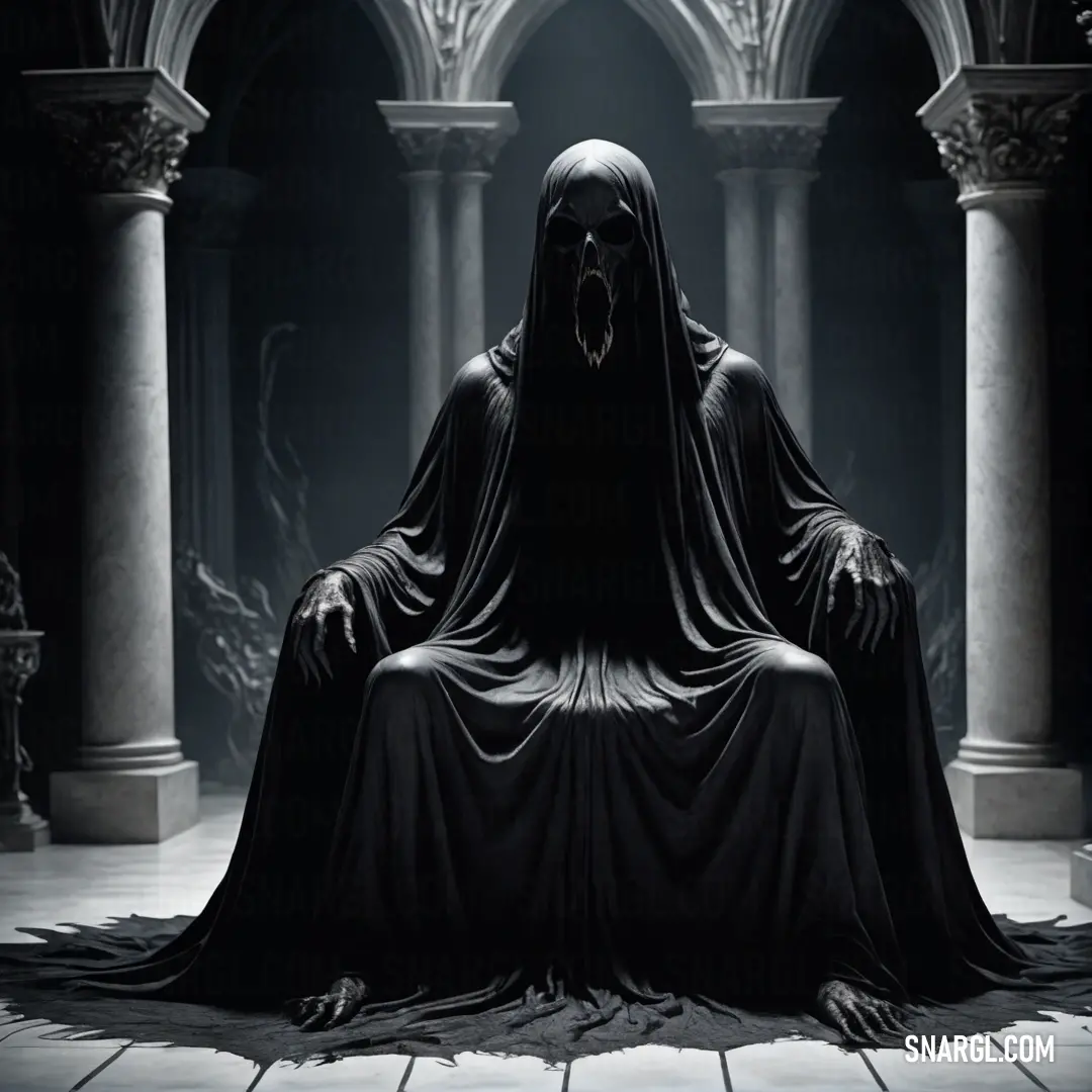 Black and white photo of a person in a dark room with columns and a statue of a Dementor