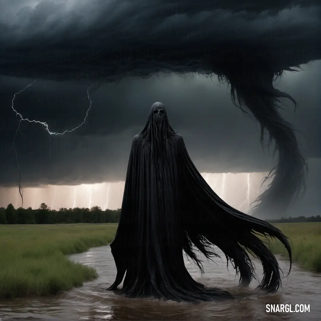 Dark haired ghost walking through a river under a storm filled sky with lightning behind it and a black cloud