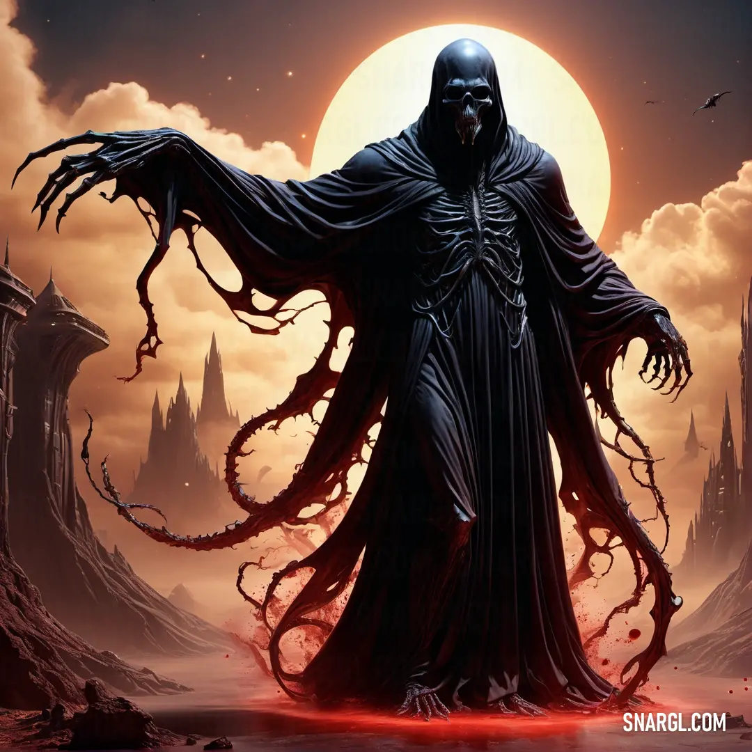 Demonic looking male Dementor with a huge, black robe and a huge, red light in the background