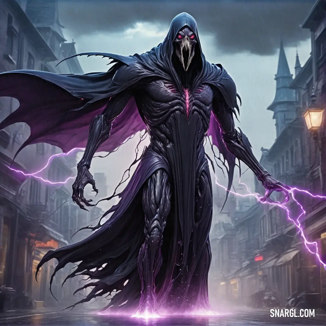 Demonic looking male Dementor with a long cape and a hood on his head and a lightning bolt in his hand
