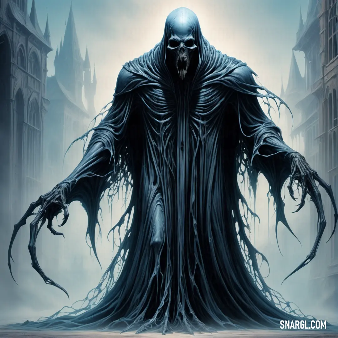 Demonic looking male Dementor with a huge black robe and a huge head and hands on his face and arms