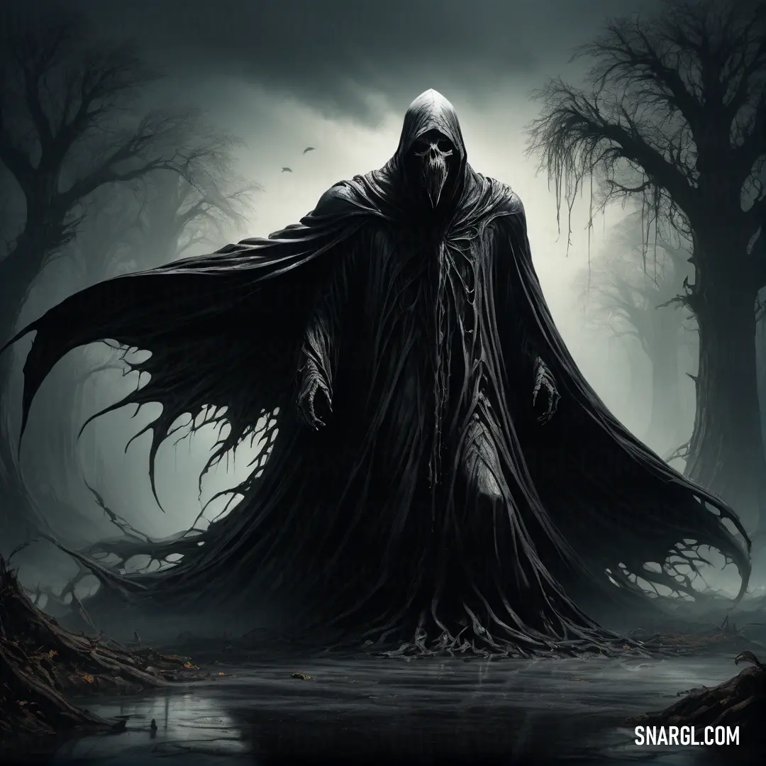 Grim looking hooded figure in a dark forest with trees and water in the foreground