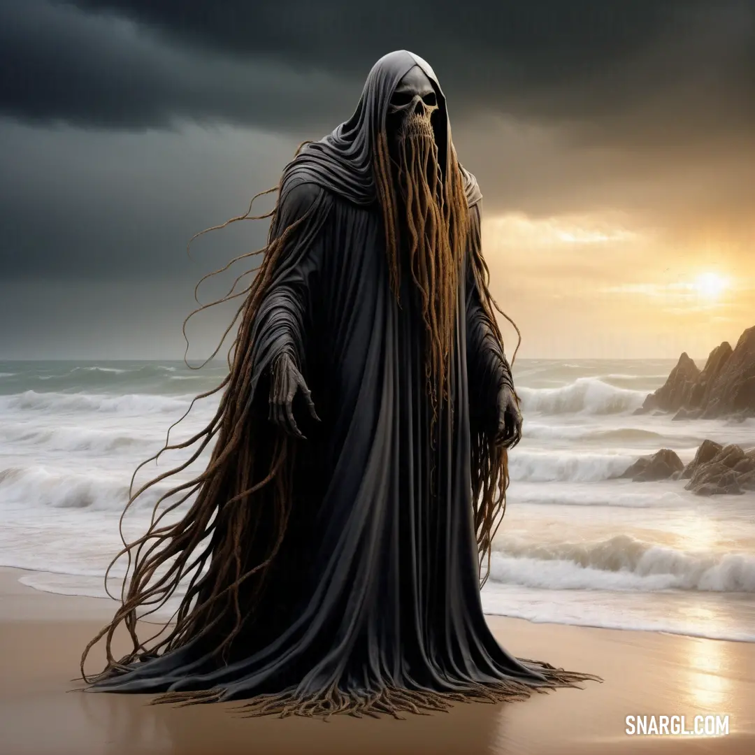Grim looking male Dementor with long hair standing on a beach at sunset with a dark sky in the background