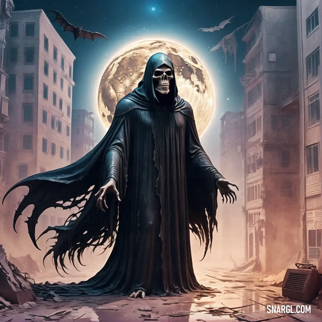 Grim looking male Dementor in a black robe and a full moon in the background