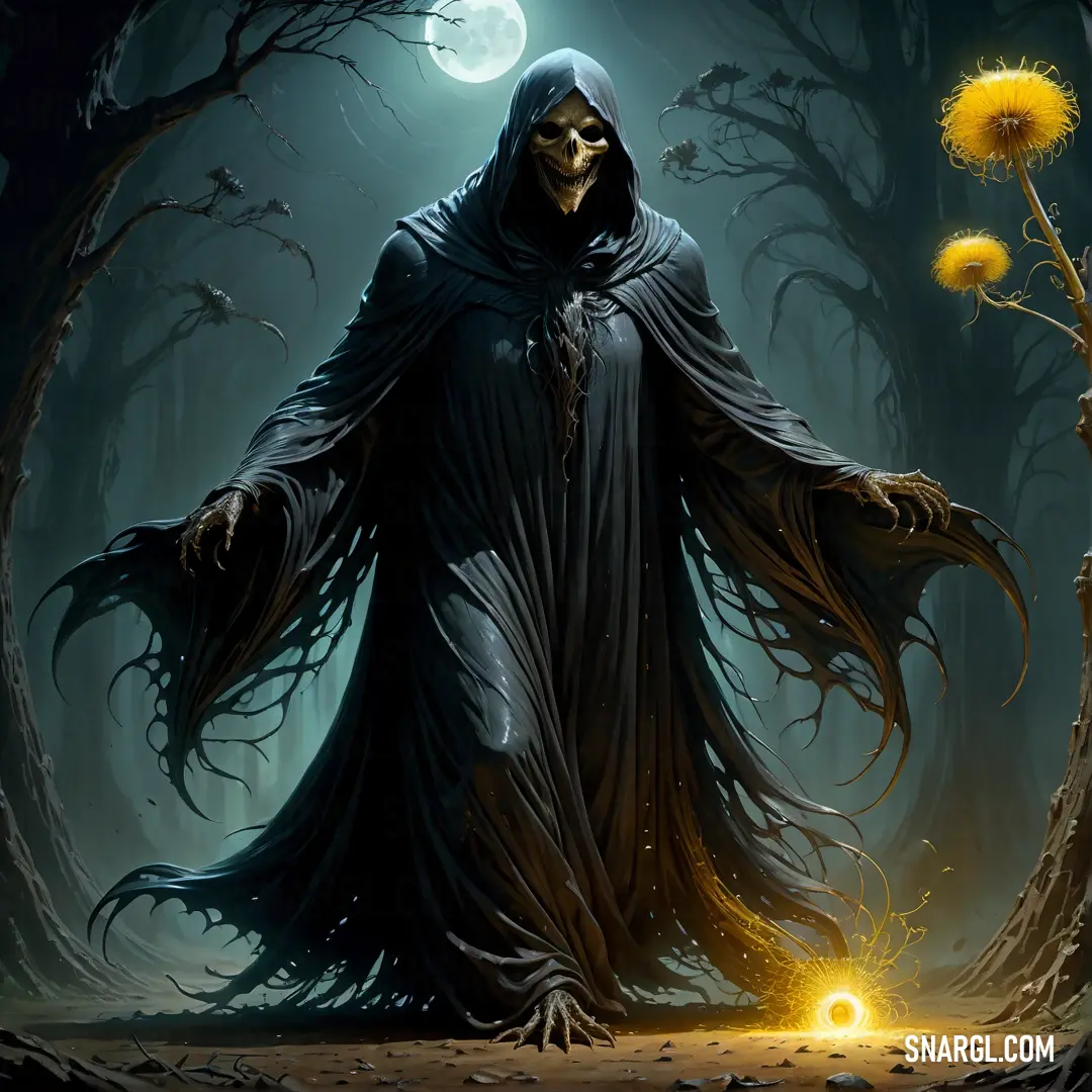 Grimter in a black robe and a glowing orb in the woods with a full moon behind him