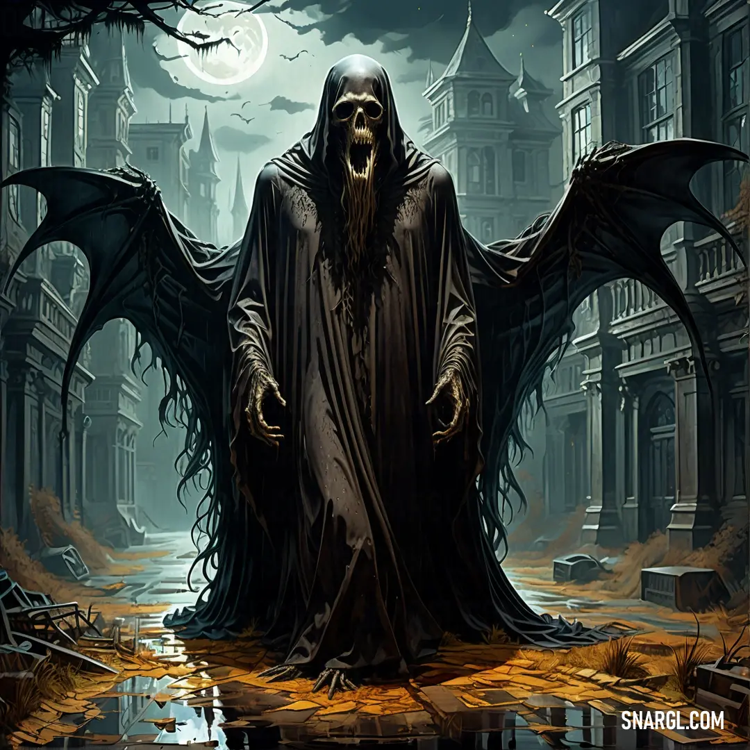 Grimy looking man with a huge black robe and a Dementor like head is standing in a dark alley