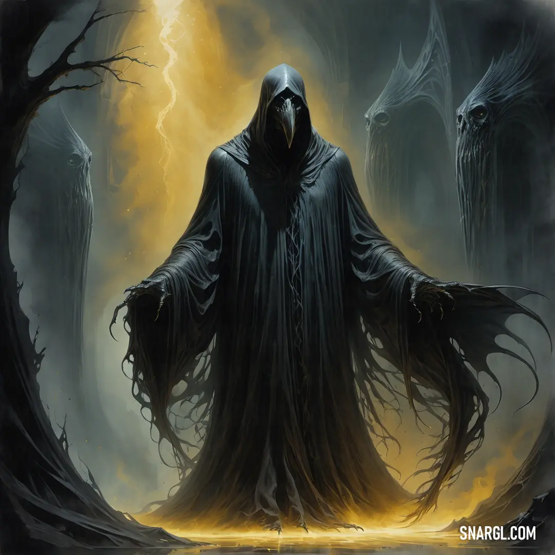 Hooded figure in a dark forest with a glowing light coming from his eyes and arms