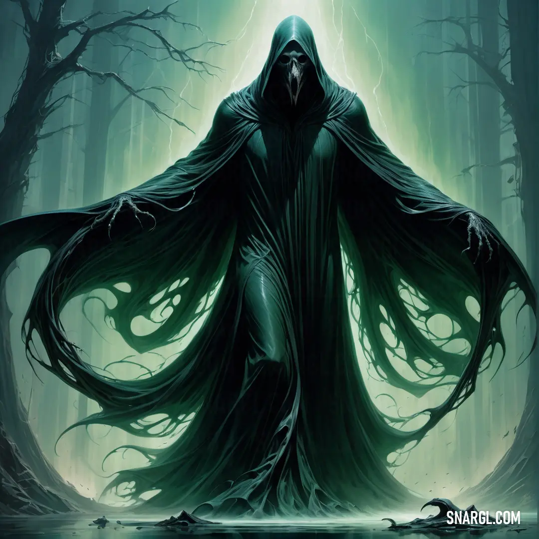 Hooded figure in a dark forest with a glowing light behind it